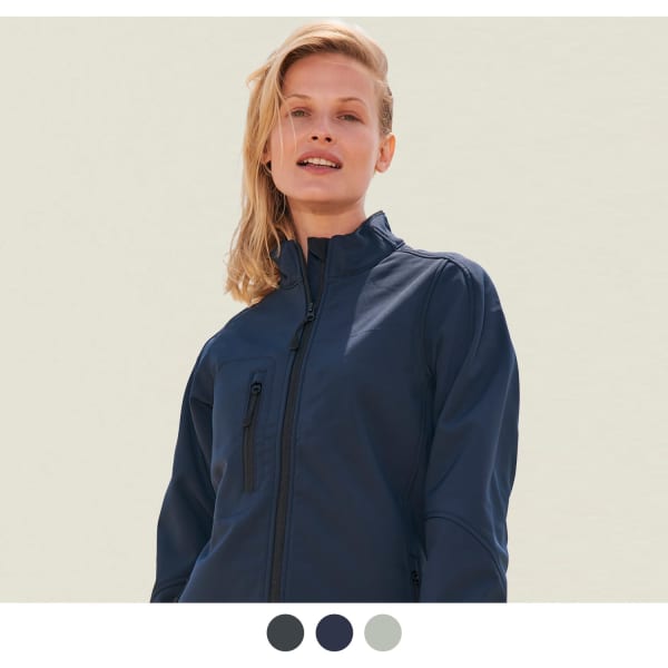 A women's softshell jacket in navy with a zippered pocket and a logo, featuring a sleek design.
