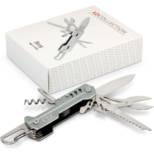 A silver multi-tool with various tools, including a knife, scissors, and corkscrew, beside a white box.