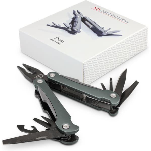 A multi-tool in grey with various functions, displayed alongside its packaging. The tool features pliers, blades, and other tools.