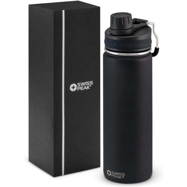 A drink bottle in matte black with a screw top lid, accompanied by a sleek black box. Features a logo.