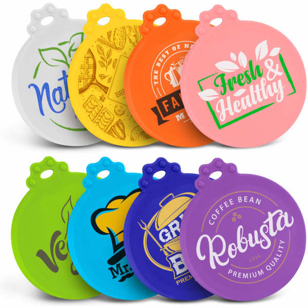 A collection of silicone reusable can lids in various colours, featuring different designs and a logo on each lid.