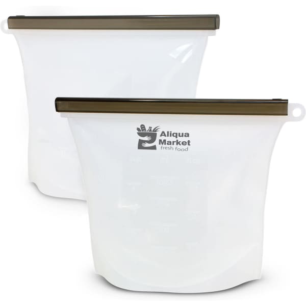 Two silicone reusable storage pouches in white, featuring a brown seal and measuring markings, with a logo.