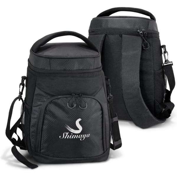A black insulated backpack cooler with a front pocket and adjustable strap, featuring a logo on the front.