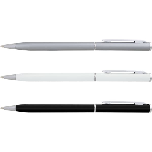 A set of three metal pens in silver, white, and black, each with a sleek design and a clip.