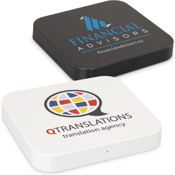A square wireless charger in black and white with logos on each side.