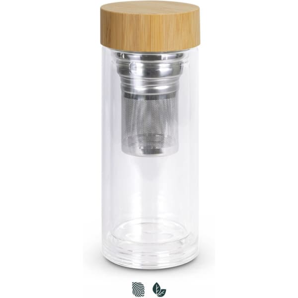 A drink bottle with a clear body, stainless steel infuser, and a bamboo lid, perfect for brewing tea.