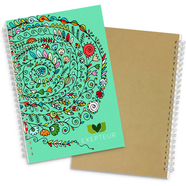 A medium-sized notebook with a spiral binding, featuring a vibrant green cover with floral designs and a plain brown back.