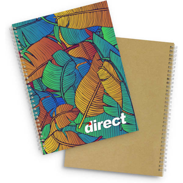 A large notebook featuring a colourful leaf design on the front cover and a plain, brown back cover.