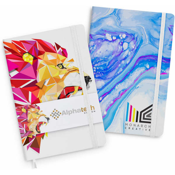 Two full-colour notebooks with geometric designs, one featuring a lion and the other with a blue marbled pattern. Both have logos.