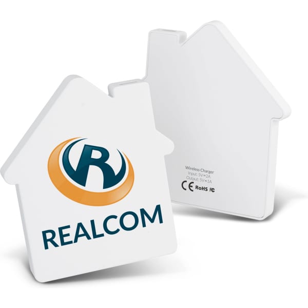 A white wireless charger shaped like a house, featuring a logo on the front.