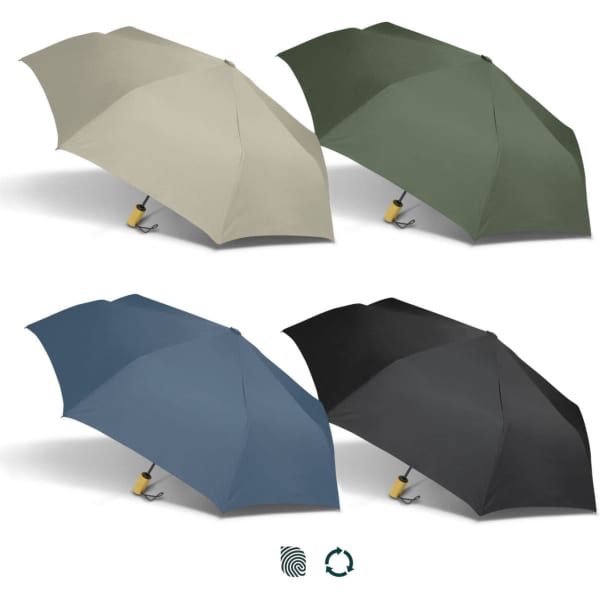A compact umbrella available in beige, green, blue, and black, featuring a logo on the handle.