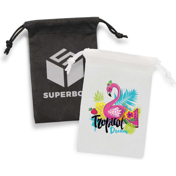 Two small drawstring gift bags in black and white, featuring a colourful flamingo design on one and a logo on the other.