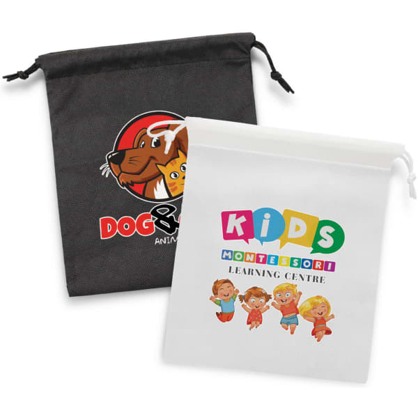 Two medium drawstring gift bags: one black with a logo and one white featuring colourful cartoon characters.