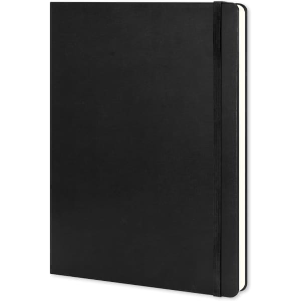 A black Moleskine Classic Hard Cover Notebook in extra-large size, featuring a simple elastic closure.