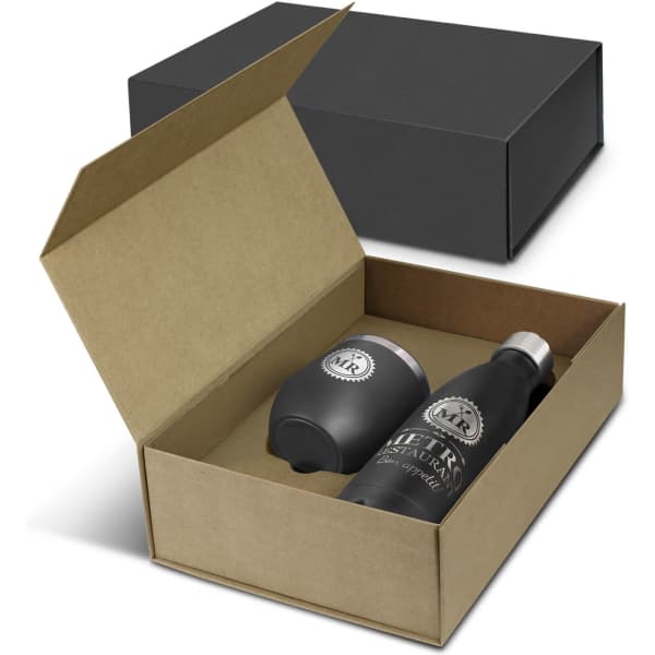 A drink bottle and insulated cup in a cardboard gift box, featuring a sleek black design and a logo.