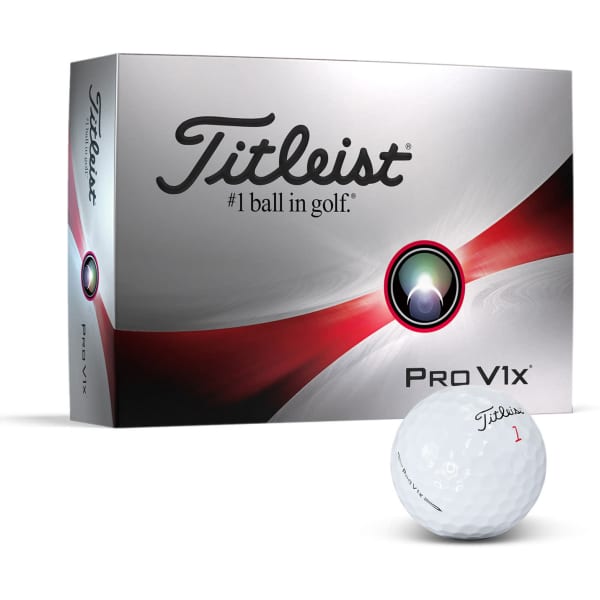 A box of white Titleist Pro V1X golf balls, featuring a logo and a sleek design in silver and red.