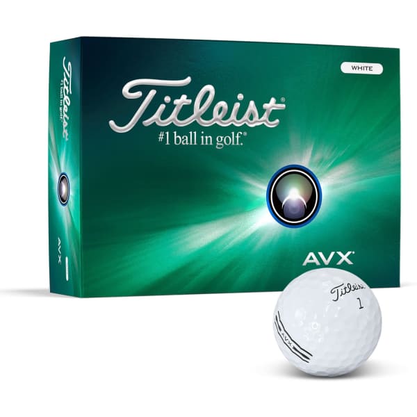 A white golf ball with a branding logo next to a box of Titleist AVX golf balls featuring a green and blue design.