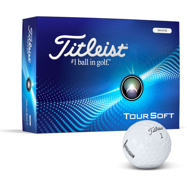 A box of Titleist Tour Soft golf balls in white, featuring branding and a single golf ball beside it.