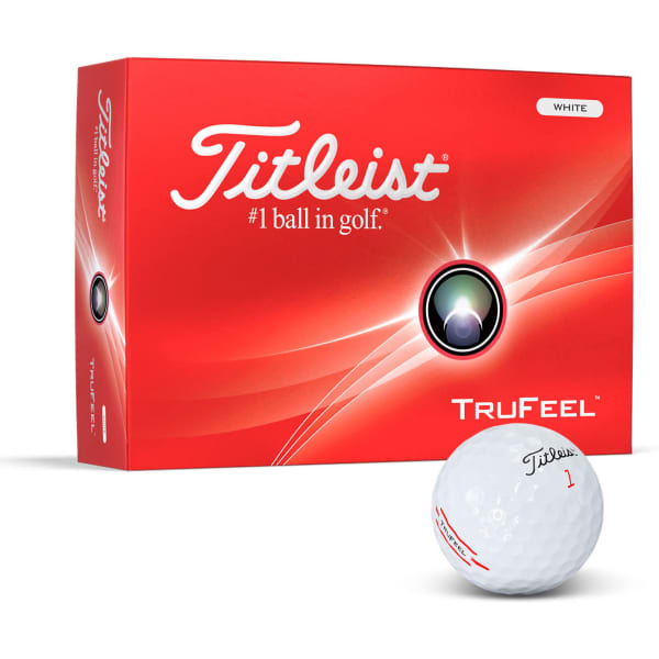 A white Titleist TruFeel golf ball alongside a red box featuring a logo, with a shiny finish.