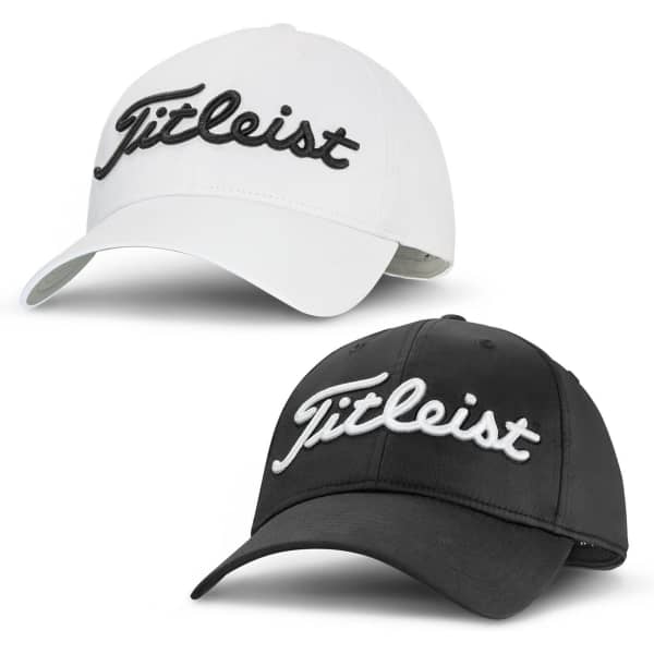 Two Titleist Tour Performance Caps are displayed, one in white and one in black, each featuring a branded logo.