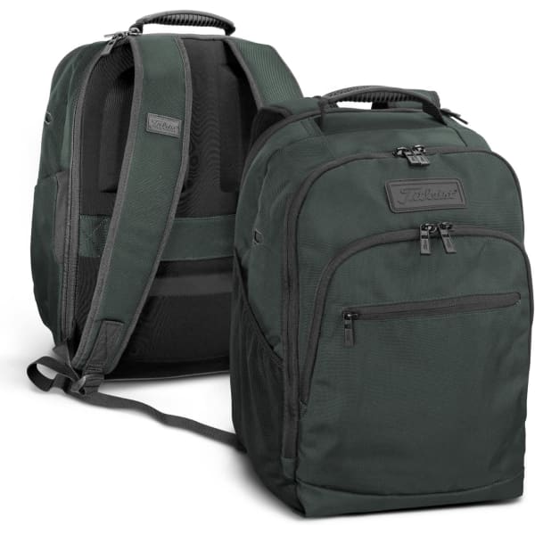 A dark green backpack featuring multiple compartments and a padded back panel, complete with a logo.
