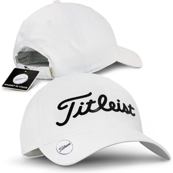 A white cap featuring a logo, designed for golfers with a magnet in the visor for ball markers.