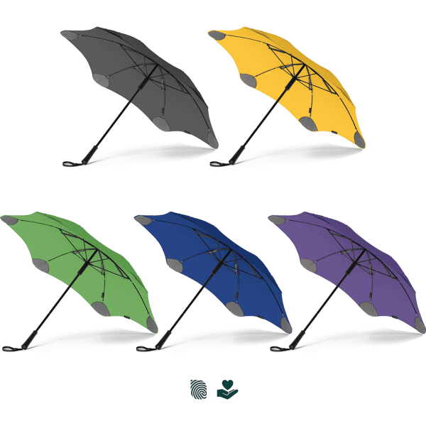 A collection of BLUNT Classic Umbrellas in grey, yellow, green, blue, and purple, each with a logo.
