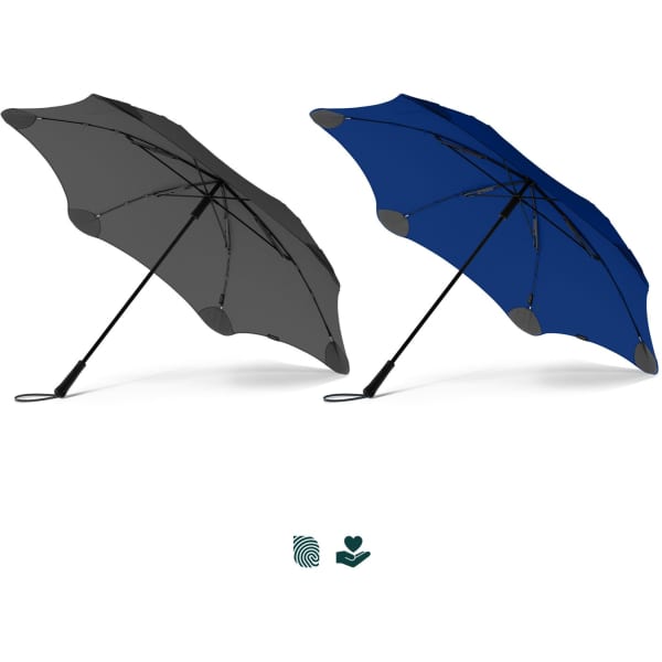 A grey and a blue BLUNT Exec Umbrella, each with a sleek design and a branding logo.