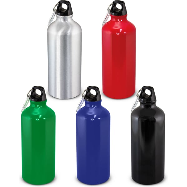 A drink bottle in silver, red, green, blue, and black, each featuring a secure lid and a logo.