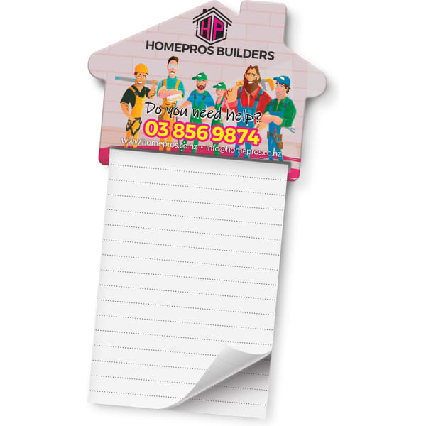 A7 magnetic memo pad shaped like a house, featuring a colourful design and a logo at the top.