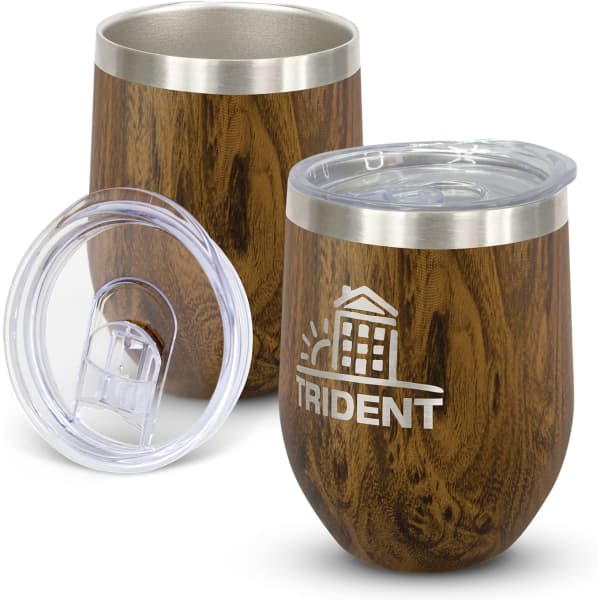 A drink bottle featuring a wood-like textured finish with a stainless steel rim and a clear lid, along with branding.