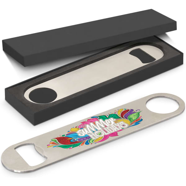 A drink bottle opener in silver with a vibrant design, presented in a black gift box.