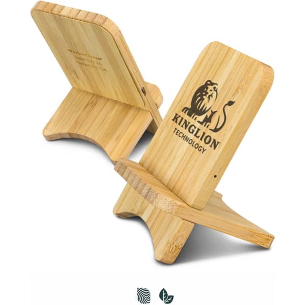 A bamboo wireless charging stand with a logo, featuring a natural wood finish and a sleek design.