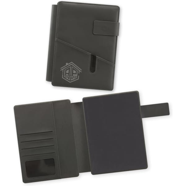 A dark green portfolio with a front clasp, interior card pockets, and a blank notepad. It has a logo on the cover.