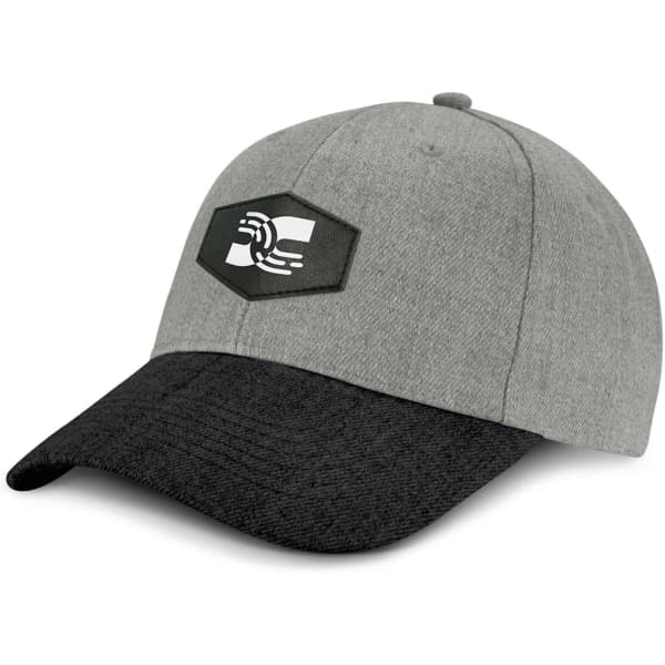 A grey cap with a black brim and a patch logo on the front.