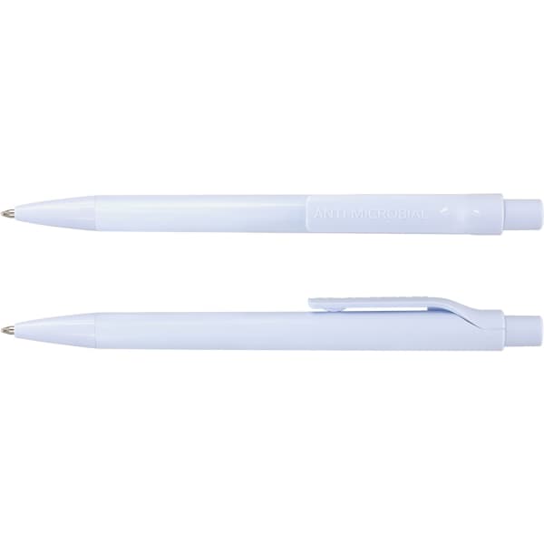 A light blue anti-microbial pen featuring a clip and a smooth design, with branding on the barrel.
