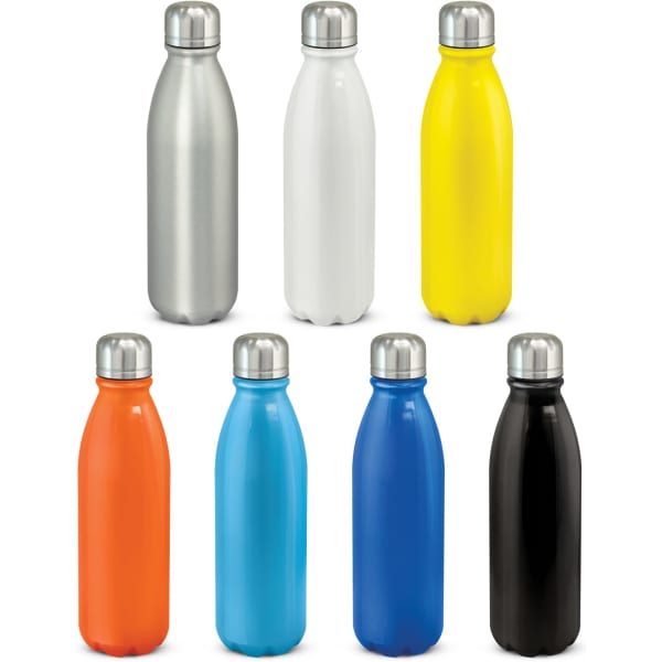 A drink bottle collection featuring aluminium designs in silver, white, yellow, orange, blue, and black with metal caps.