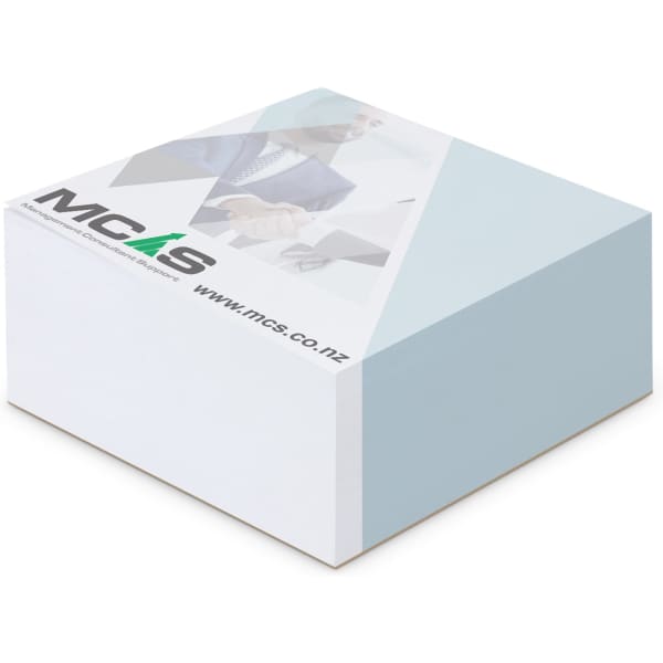 A blue memo cube note pad with a white base, featuring a logo on the top surface.