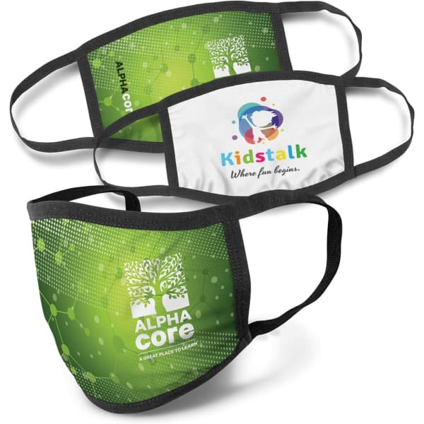 Three reusable face masks in green and white with different designs and a logo on each.