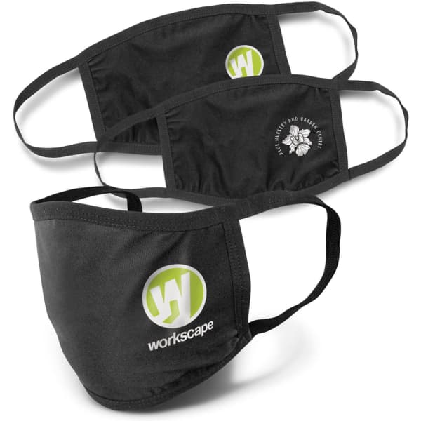 Three black reusable 3-ply cotton face masks, each with different designs and a logo.