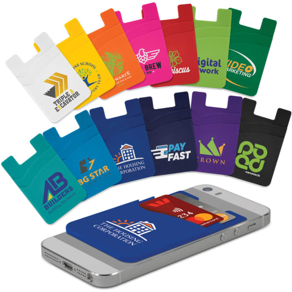 A collection of dual silicone phone wallets in various colours, displayed alongside a smartphone. Each wallet features a logo.