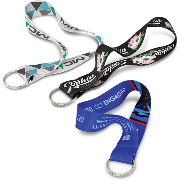 Three key rings in vibrant colours, featuring various patterned straps and metal rings, each with different designs.