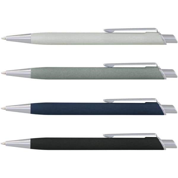 A set of four metal pens in light grey, dark grey, navy blue, and black, featuring silver accents and a logo.