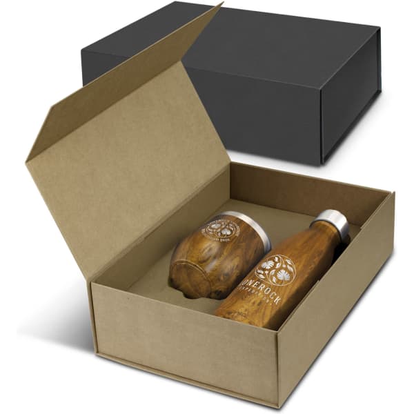 A wooden drink bottle and a matching cup inside a kraft gift box, featuring a branding logo.