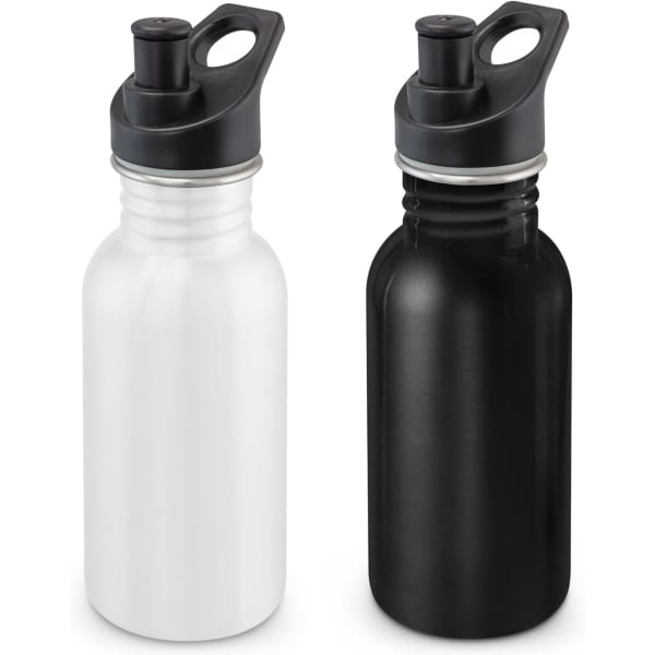 A drink bottle set featuring a white and a black 500ml Nomad Bottle, both with a spout lid and carrying handle.