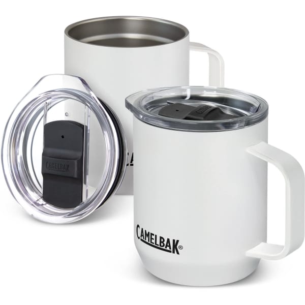 A white stainless steel camp mug with a clear lid and a handle, featuring a brand logo.