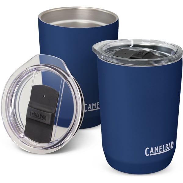 A drink bottle in navy blue with a clear lid, featuring a logo, designed for insulation and easy handling.