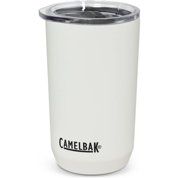 A drink bottle featuring a white stainless steel design with a clear lid and a logo.