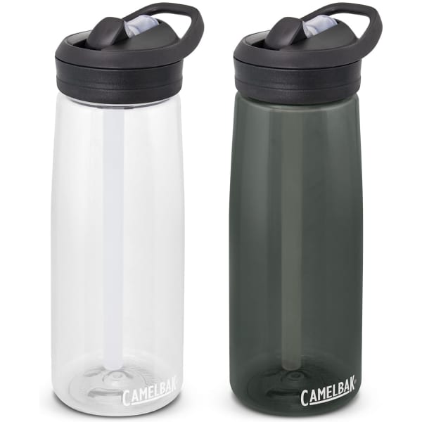 A drink bottle set featuring a clear and a dark green 750ml CamelBak Eddy+ design, each with a black lid and logo.