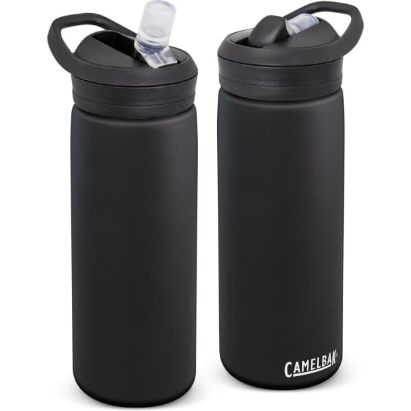 A drink bottle in matte black with a straw lid and ergonomic handle, featuring a logo on the base.